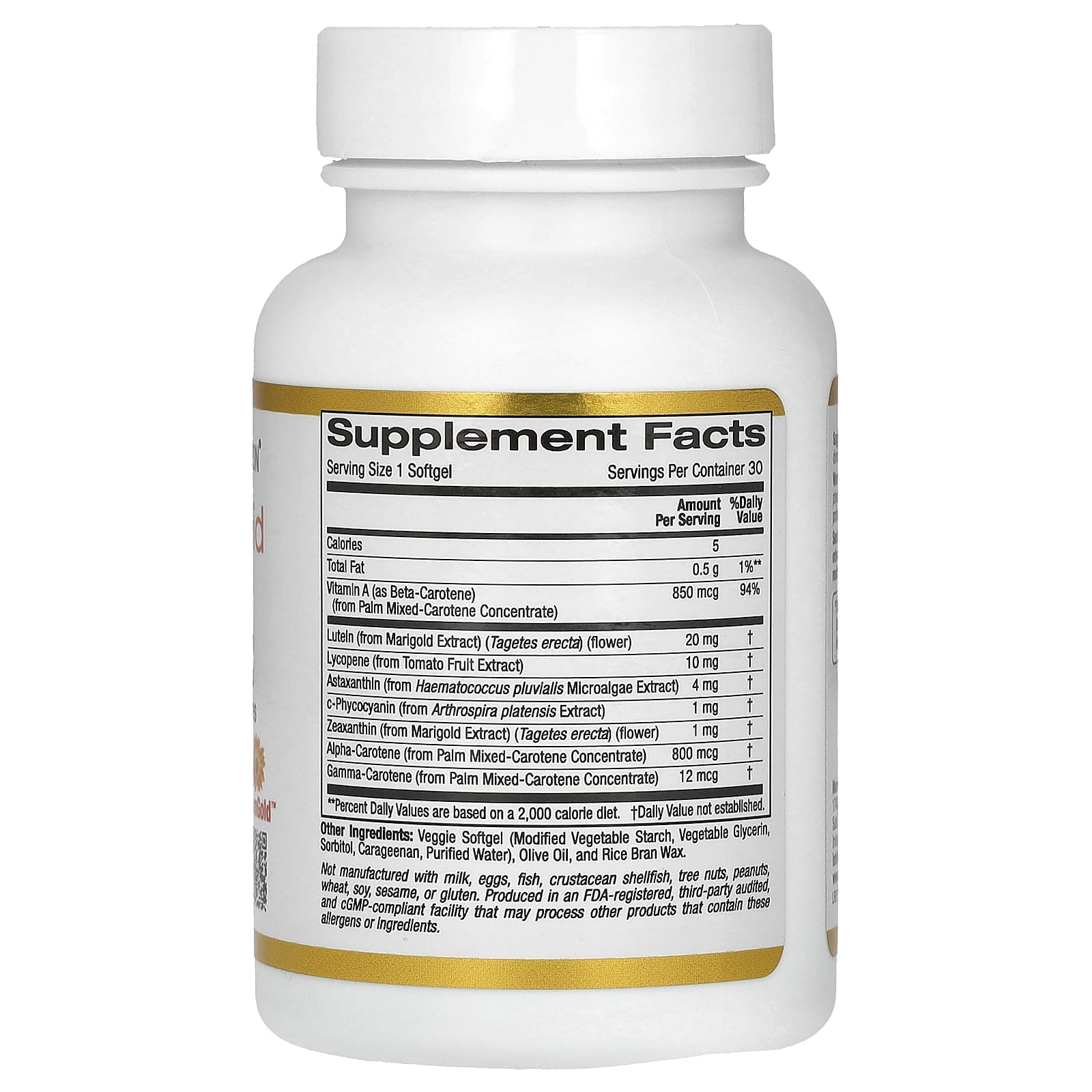 California Gold Nutrition, AstaCarotenoid 複合物素食軟膠囊，含葉黃素、番茄紅素、蝦青素和維他命 A，30 粒