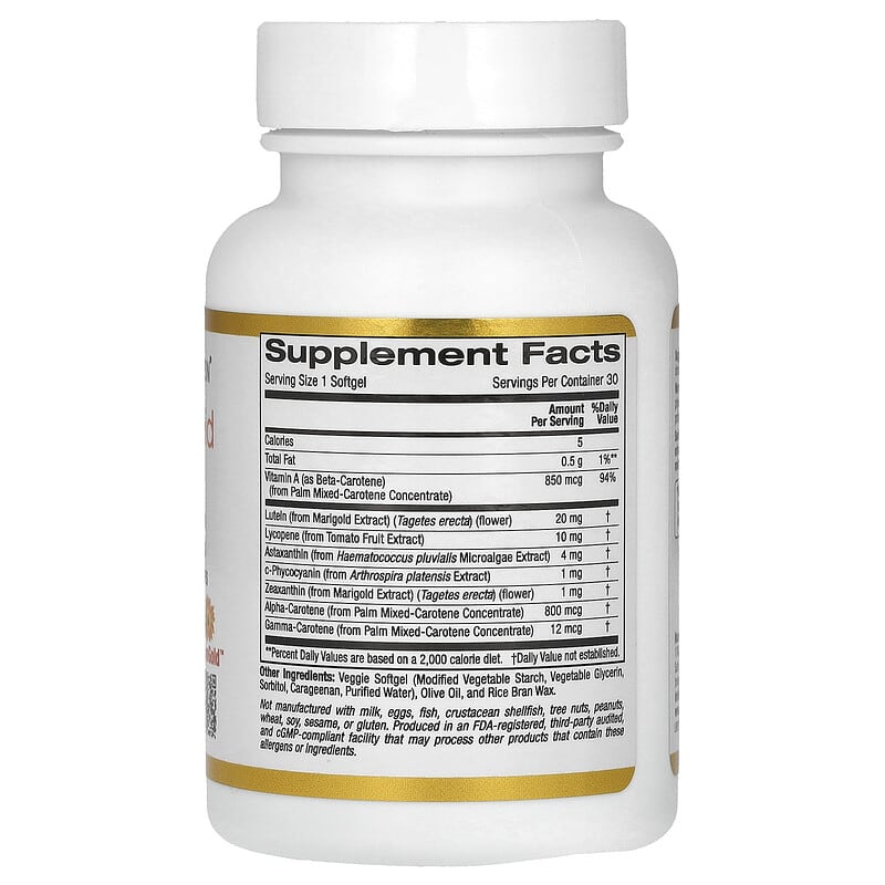 AstaCarotenoid Complex with Lutein, Lycopene, Astaxanthin, and Vitamin A,  30 Veggie Softgels