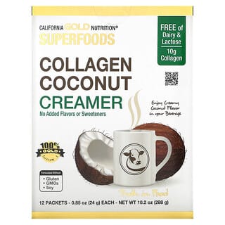 California Gold Nutrition, Superfoods, Leche de coco en polvo con colágeno, Sin azúcar, 12 sobres, 24 g (0,85 oz) cada uno