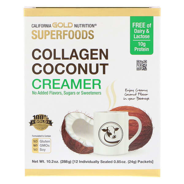 California Gold Nutrition‏, Superfoods‏, מלבין למשקאות עם קוקוס וקולגן, לא ממותק, 12 חפיסות, 24 גרם (0.85 אונקיות) כל אחת