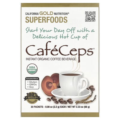 California Gold Nutrition, CafeCeps&reg;, Certified Organic Instant Coffee with Cordyceps, and Reishi Mushroom Powder, 30 Packets, 0.08 oz (2.2 g) Each
