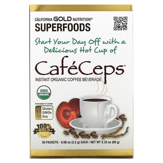 California Gold Nutrition, SUPERFOODS, CaféCeps, Café instantáneo orgánico con hongos Cordyceps y reishi, 30 sobres, 2,2 g (0,08 oz) cada uno