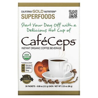 California Gold Nutrition, CaféCeps, Café instantané certifié biologique à la poudre de cordyceps et de reishi, 30 sachets, 2,2 g pièce