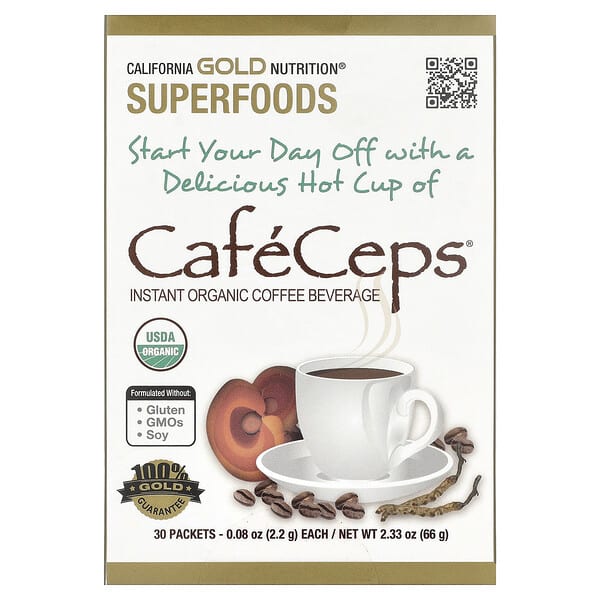 California Gold Nutrition, CafeCeps®, Certified Organic Instant Coffee with Cordyceps, and Reishi Mushroom Powder, 30 Packets, 0.08 oz (2.2 g) Each — product photo 1