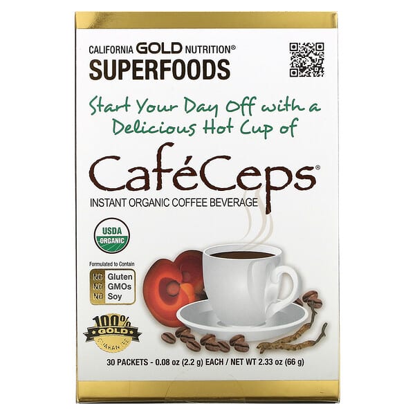 California Gold Nutrition, CafeCeps、ノムシタケ・レイシパウダー入り認証オーガニックインスタントコーヒー、30袋、各 .077 oz (2.2 g)