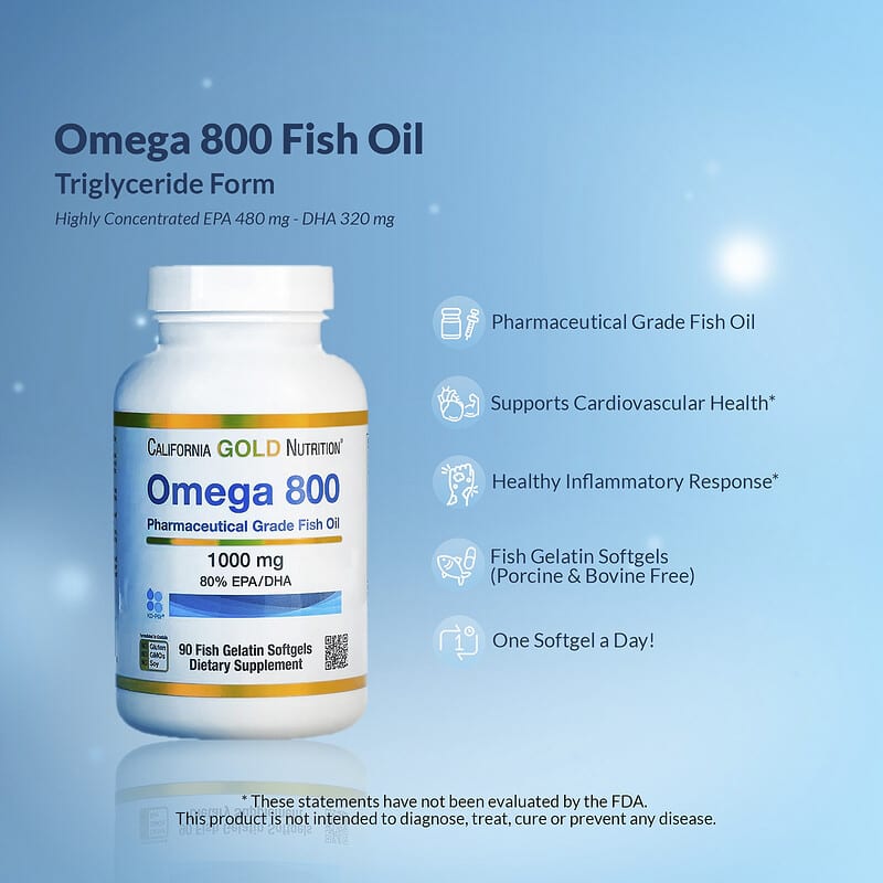 California Gold Nutrition, омега 800, рыбий жир, 80% ЭПК/ДГК, в форме триглицеридов, 1000 мг, 30 капсул из рыбьего желатина