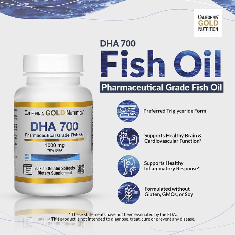 California Gold Nutrition, DHA 700 Fish Oil, Pharmaceutical Grade, 1,000 mg, 30 Fish Gelatin Softgels