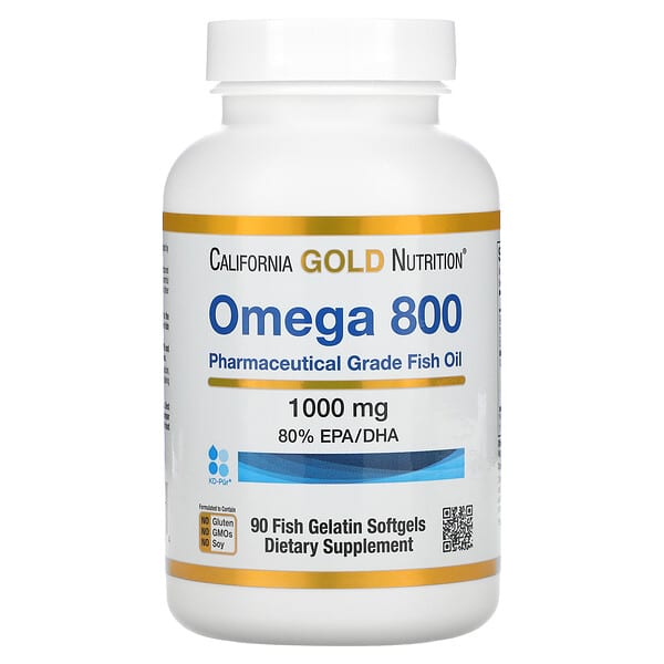 California Gold Nutrition‏, زيت السمك ذو الدرجة الدوائية أوميجا 800، يحتوي على 80% من حمضي إيكوسابنتانويك/دوكوساهيكسينويك، أحد أشكال الدهون الثلاثية، 1000 ملجم، 90 كبسولة هلامية من جيلاتين السمك