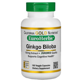 California Gold Nutrition, Extrato de Ginkgo Biloba, EuroHerbs, Qualidade Europeia, 120 mg, 180 Cápsulas Vegetais
