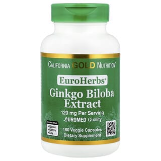 California Gold Nutrition, EuroHerbs®, Extracto de Ginkgo biloba, Calidad EuroMed, 120 mg, 180 cápsulas vegetales