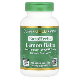 California Gold Nutrition, EuroHerbs™, Extrato de Erva-cidreira, Qualidade Euromed, 500 mg, 180 Cápsulas Vegetais