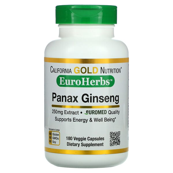California Gold Nutrition‏, EuroHerbs، مستخلص الجينسنج الصيني panax ginseng، 250 ملجم، 180 كبسولة نباتية
