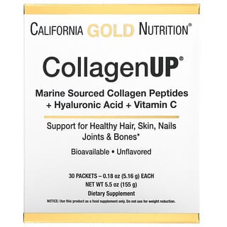 California Gold Nutrition, CollagenUp، كولاجين بحري متحلل + حمض الهيالورونيك + فيتامين جـ، خالٍ من النكهات، 30 كيس، كل كيس 0.18 أونصة (5.16 جم)