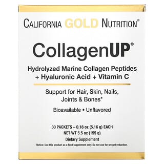 California Gold Nutrition, CollagenUP, гидролизованные пептиды морского коллагена, гиалуроновая кислота и витамин C, с нейтральным вкусом, 30 пакетиков по 5,15 г (0,18 унции)
