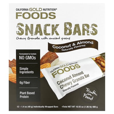 California Gold Nutrition, Foods, Coconut Almond Chewy Granola Bars, 12 Bars, 1.4 oz (40 g) Each California Gold Nutrition, Foods, Coconut Almond Chewy Granola Bars, 12 Bars, 1.4 oz (40 g) Each