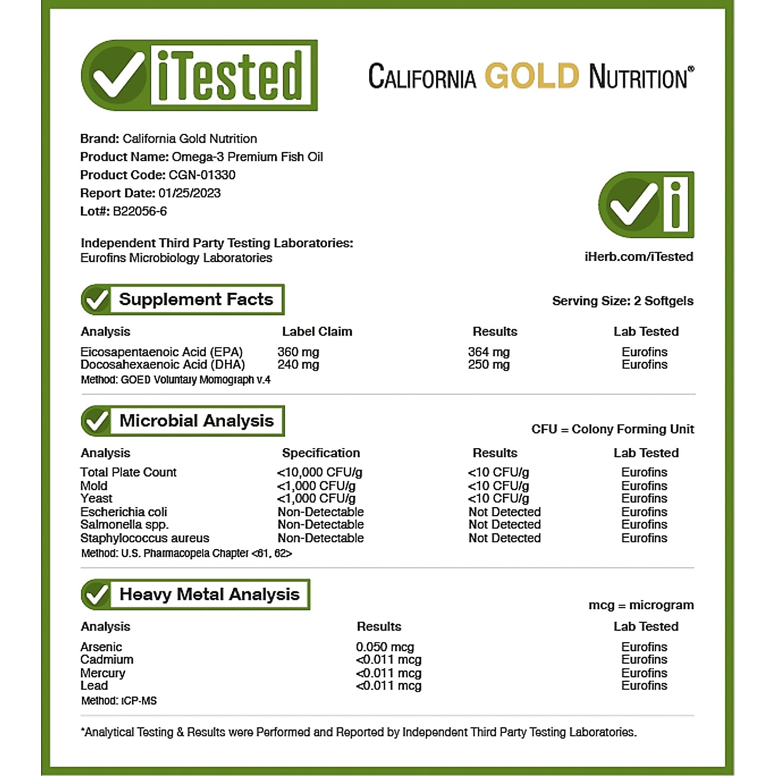 California Gold Nutrition, Omega-3 Premium Fish Oil, 240 Fish Gelatin ...