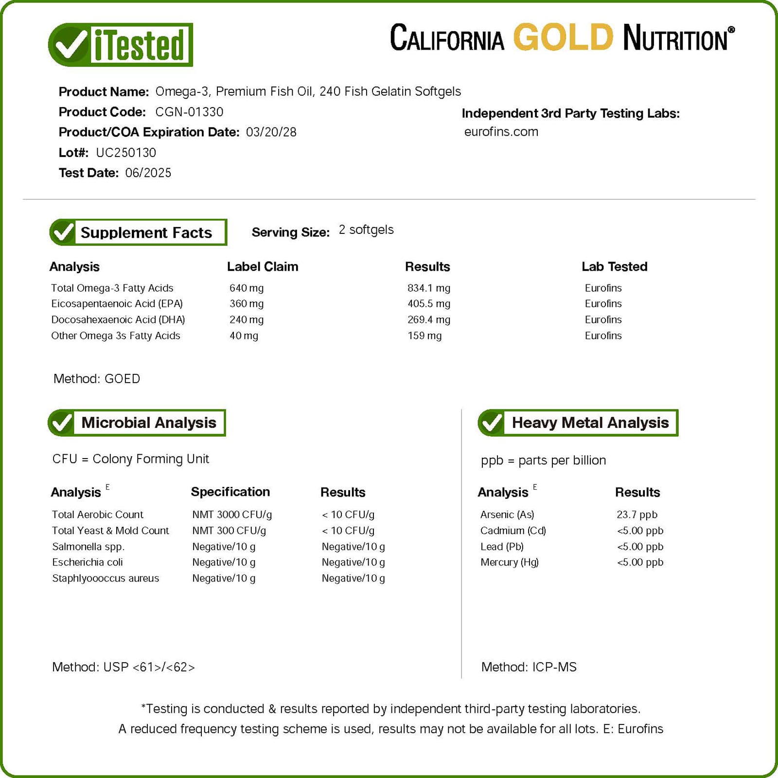 California Gold Nutrition, Omega-3，優質魚油，240 粒魚明膠軟膠囊