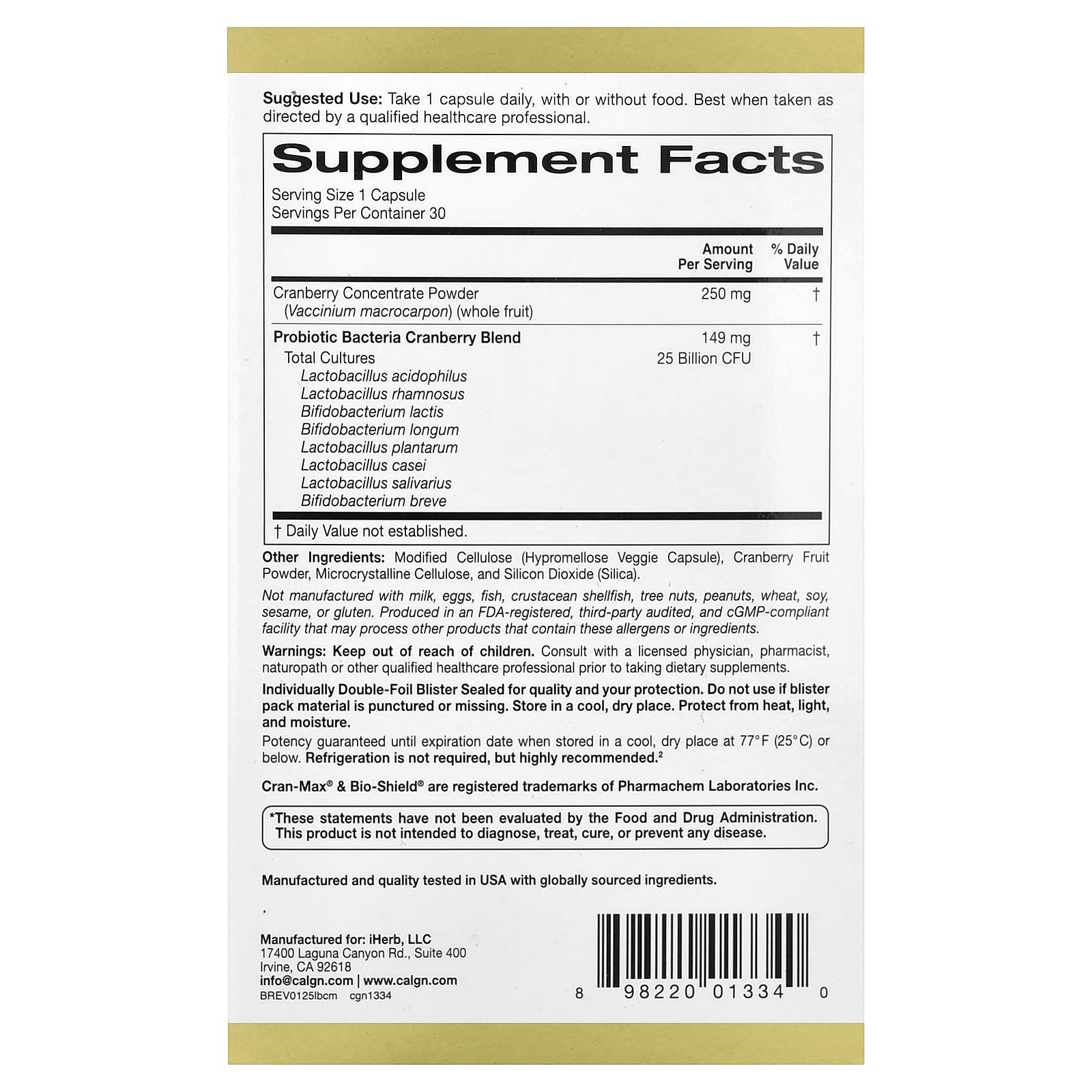 California Gold Nutrition, CranMax® LactoBif® 益生菌，250 億 CFU，30 粒素食膠囊