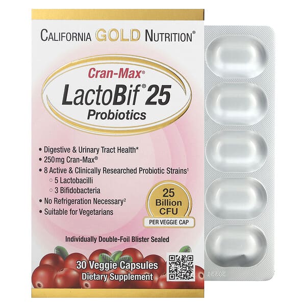 California Gold Nutrition, Lactobif con 25.000 millones de UFC y Cranmax, Suplemento probiótico, 30 cápsulas vegetales