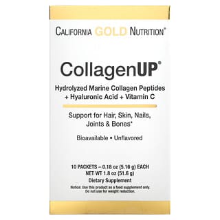 California Gold Nutrition, CollagenUP, Péptidos de colágeno marino hidrolizado con ácido hialurónico y vitamina C, Sin sabor, 10 sobres, 5,16 g (0,18 oz) cada uno