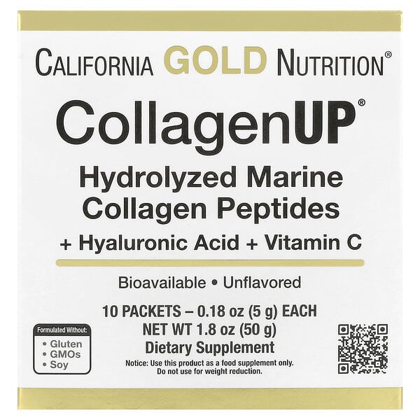 California Gold Nutrition, CollagenUp，水解海洋膠原蛋白肽 + 透明質酸和維生素 C，原味，10 袋，每袋 0.18 盎司（5.15 克）