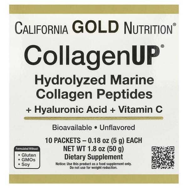 California Gold Nutrition, CollagenUP®, Hydrolyzed Marine Collagen Peptides with Hyaluronic Acid and Vitamin C, Unflavored, 10 Packets, 0.18 oz (5 g) Each