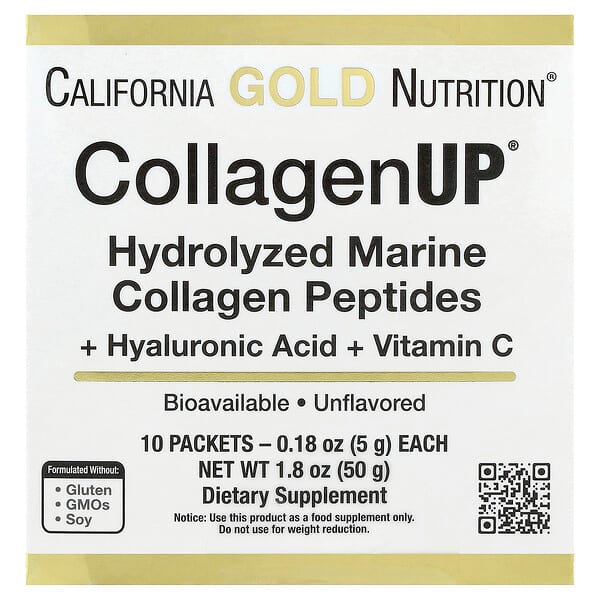 California Gold Nutrition, CollagenUP®，水解海洋膠原蛋白肽 + 透明質酸和維生素 C，原味，10 袋，每袋 0.18 盎司（5 克）