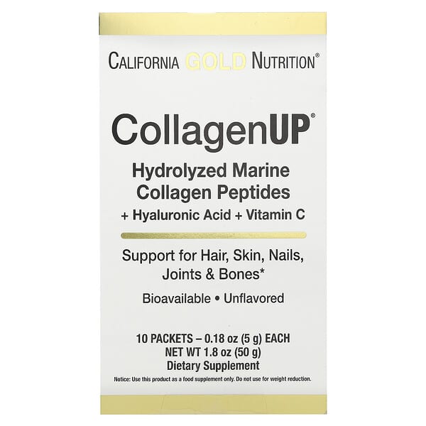 California Gold Nutrition, CollagenUp，水解海洋膠原蛋白肽 + 透明質酸和維生素 C，原味，10 袋，每袋 0.18 盎司（5.15 克）