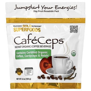 California Gold Nutrition, CafeCeps, Certified Organic Instant Coffee with Full-Spectrum, Organic Cordyceps and Reishi Mushroom Powder, 3.5 oz (100 g)