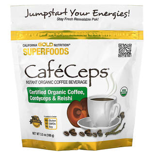 كاليفورنيا غولد نيوتريشن‏, SUPERFOODS - CafeCeps، قهوة عضوية معتمدة سريعة التحضير مع مسحوق فطر الريشي والكورديسيبس، وزن 3.5 أونصة (100 جم)