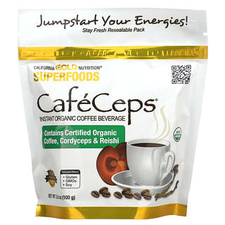 California Gold Nutrition, ซูเปอร์ฟู้ด CafeCeps กาแฟสำเร็จรูปที่ได้รับการรับรองออร์แกนิกพร้อมผงถั่งเช่าและเห็ดหลินจือ ขนาด 3.5 ออนซ์ (100 ก.)