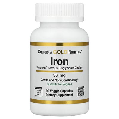California Gold Nutrition, Ferrochel® Iron (Bisglycinate), 36 mg, 90 Veggie Capsules