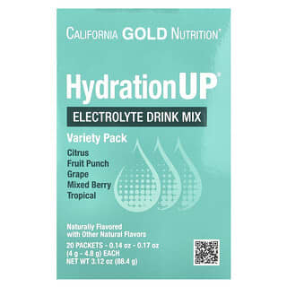 California Gold Nutrition, HydrationUP, Mezcla para preparar bebidas con electrolitos, Paquete surtido, 20 sobres, 4,2 g (0,15 oz) cada uno