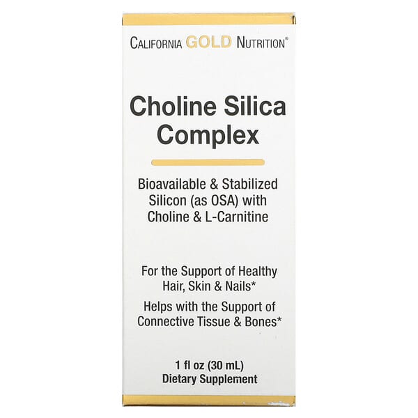 California Gold Nutrition‏, مركب كولين السيليكا، سيليكون متوافر حيويًا ومستقر (مثل حمض الأورثوسيليسيك) ودعم كولاجين، 1 أونصة سائلة (30 مل)