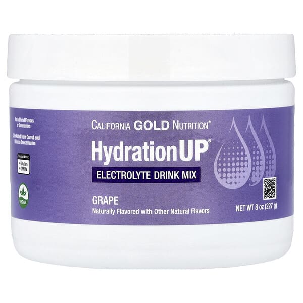 California Gold Nutrition HydrationUP®, Electrolyte Drink Mix with Calcium, Potassium, Vitamin C, and Vitamin E, Grape, 8 oz (227 g)