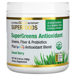 California Gold Nutrition, SUPERALIMENTOS - Antioxidante Supergreens, Verduras, Fibras e Probióticos, Bagas Doces, 180 g (6,34 oz)