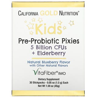 California Gold Nutrition, ผงพรี-โพรไบโอติกสำหรับเด็ก มีจุลินทรีย์ 5 พันล้าน CFU + เอลเดอร์เบอร์รี่ รสบลูเบอร์รี่ธรรมชาติ บรรจุ 30 ซอง ซองละ 0.05 ออนซ์ (1.5 ก.)
