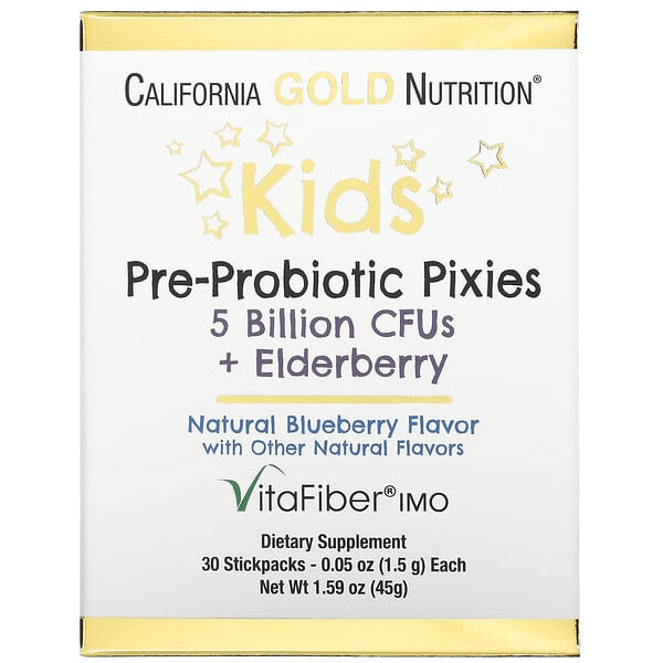 California Gold Nutrition‏, بكسيات البريبيوتيك والبروبيوتيك للصغار، 5 مليار وحدة تشكيل مستعمرة + توت الخمان، نكهة التوت الأزرق الطبيعي، 30 كيسًا، 0.05 أونصة (1.5 جم) لكل كيس