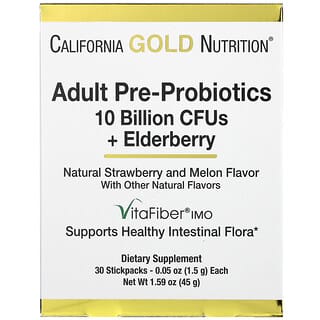 California Gold Nutrition, Prébiotiques et probiotiques pour adultes, 10 milliards d'UFC + baie de sureau, Saveur naturelle de fraise et de melon, 30 sachets, 1,5 g chacun