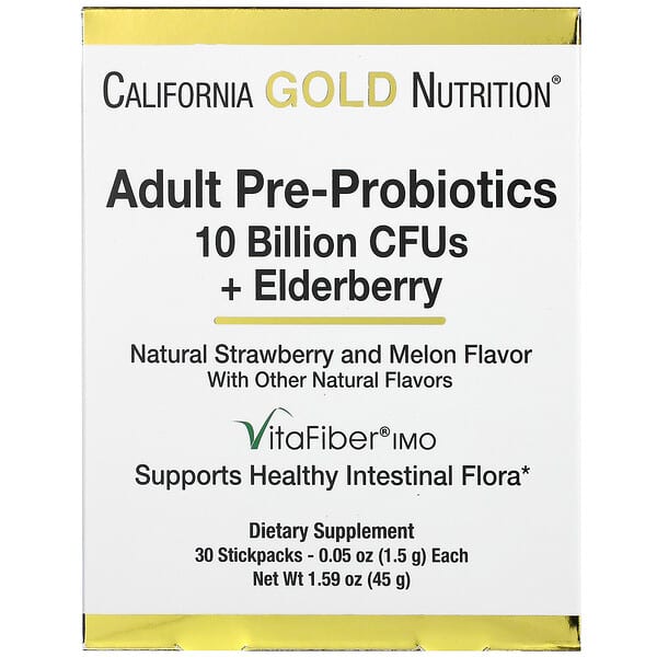 California Gold Nutrition‏, البريبيوتيك والبروبيوتيك للكبار، 10 مليار وحدة تشكيل مستعمرة + توت الخمان، نكهة الفراولة والبطيخ الطبيعي، 30 كيسًا، 0.05 أونصة (1.5 جم) لكل كيس