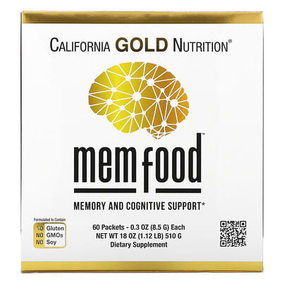 California Gold Nutrition, MEM Food, Memory & Cognition Aid, with MEM Blend, L-Serine, Organic Hericium, and Blueberry Juice Powder, 60 Packets, 0.3 oz (8.5 g) Each.