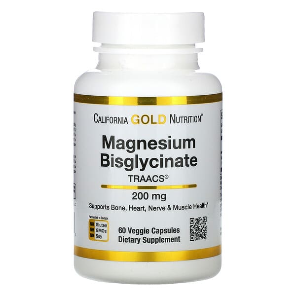 California Gold Nutrition, Magnesium Bisglycinate, Albion TRAACS, 200 mg, 60 Veggie Capsules (100 mg per Capsule)