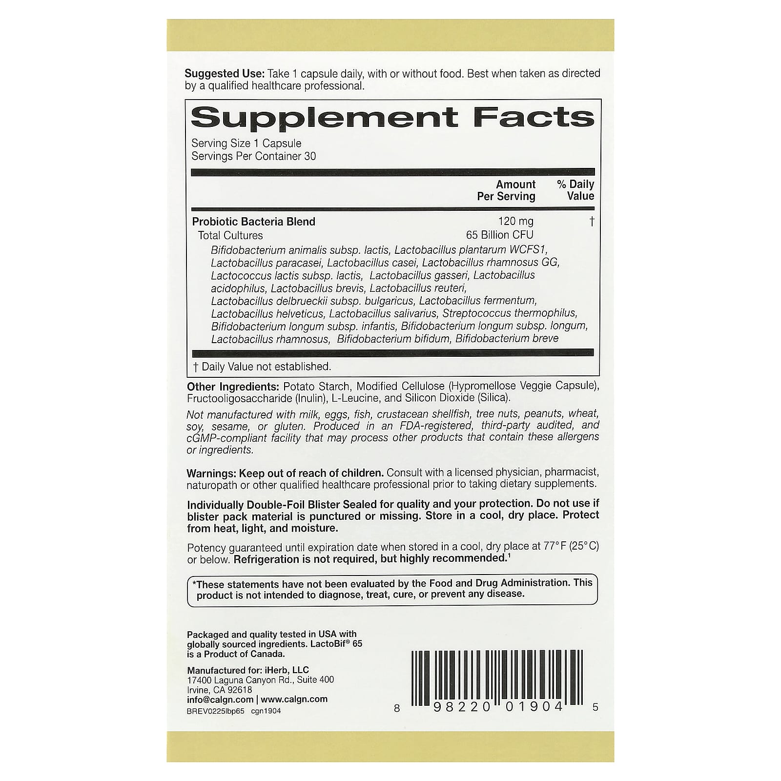 California Gold Nutrition, LactoBif® 65 益生菌，30 粒素食膠囊