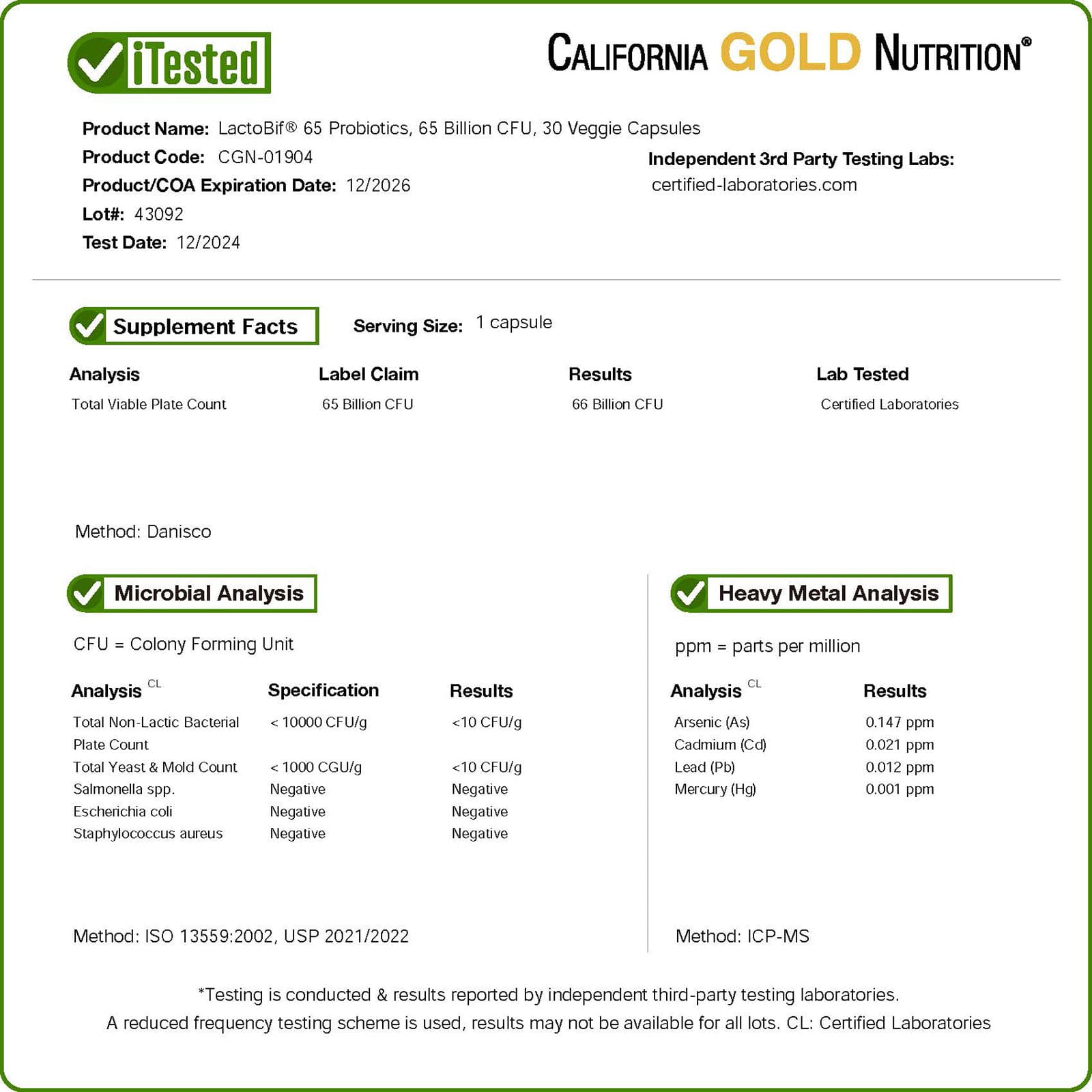 California Gold Nutrition, LactoBif® 65 益生菌，30 粒素食膠囊