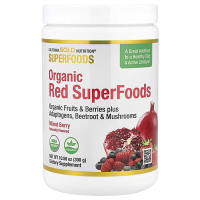 California Gold Nutrition, Superfood, Organic Red Superfood, with Organic Acai Berry, Organic Blueberry, Organic Cranberry, and Organic Pomegranate Powder, Mixed Berries, 10.58 oz (300 g)