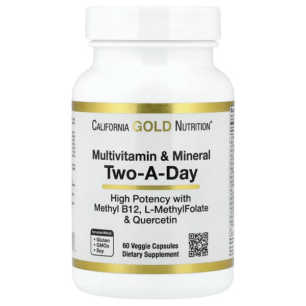 California Gold Nutrition Multivitamin and Mineral with Methyl B12, Vitamin C, L-MethylFolate and Bio-Quercetin, Two-A-Day, 60 Veggie Capsules