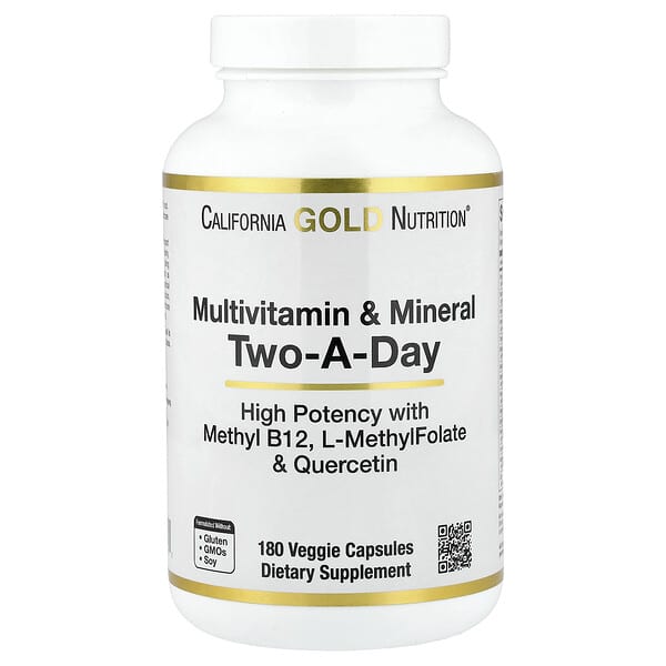 California Gold Nutrition, Multivitamin and Mineral with Methyl B12, Vitamin C, L-MethylFolate and Bio-Quercetin, Two-A-Day, 180 Veggie Capsules