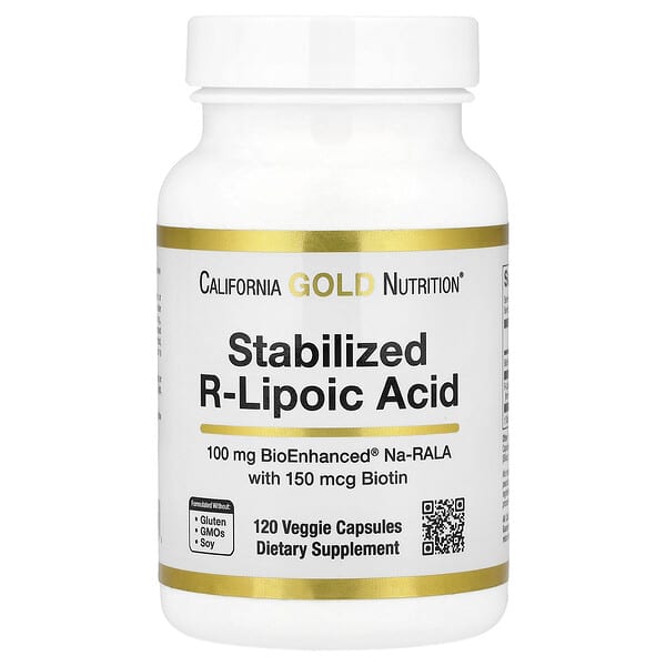 California Gold Nutrition, 穩定 R-硫辛酸，含 Bio-Enhanced® Na-RALA 和生物維生素，120 粒素食膠囊