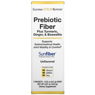 California Gold Nutrition, Fibra prebiótica más cúrcuma, jengibre y Boswellia, 3 sobres, 6,3 g (0,22 oz) cada uno
