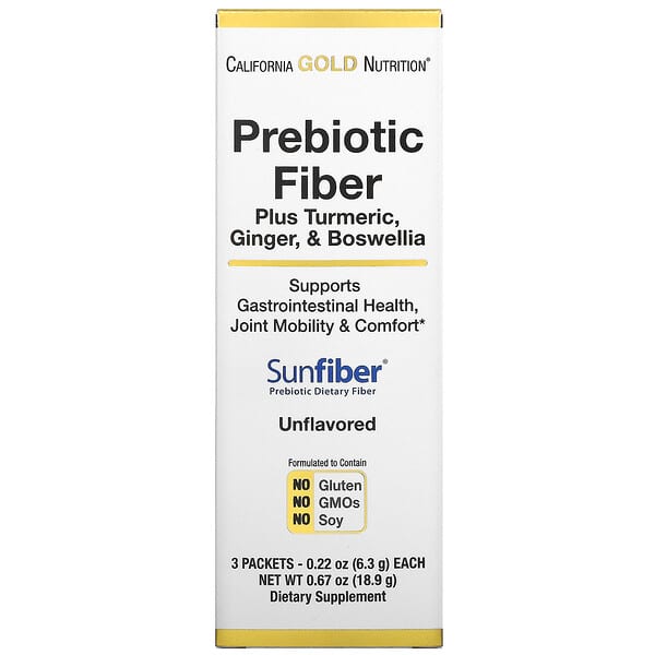California Gold Nutrition, Fibra prebiótica más cúrcuma, jengibre y Boswellia, 3 sobres, 6,3 g (0,22 oz) cada uno